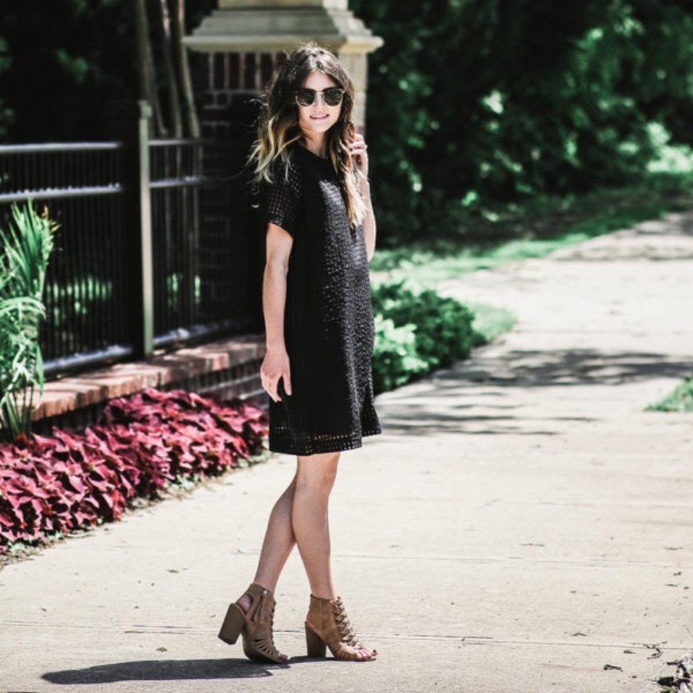 Shift Style Black Dress with Woven Textured Fabric